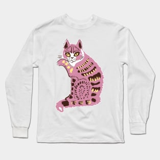 Cute Pink Folk Cat Long Sleeve T-Shirt